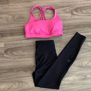 Lululemon Energy Sports Bra in Sonic Pink and Base Pace Black Leggings Set